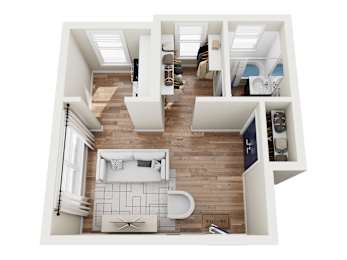 A top down view of a small apartment with a bedroom, bathroom, and kitchen.