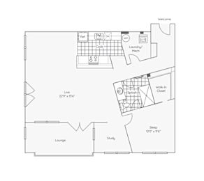 A floor plan of a house with a lounge, study, sleeping area, and a kitchen with a reference and wash area.