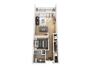 A top down view of a small apartment with a kitchen, living room, and bathroom.