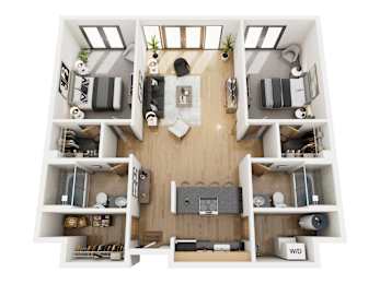 A top-down view of a small apartment layout with a living room, kitchen, and bedrooms.