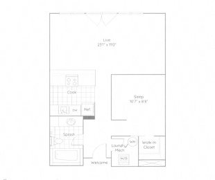 A floor plan of a house with labeled rooms such as "Live", "Sleep", "Cook", "Splash", "Laundry/Mech", "Walk-In Closet", and "Welcome".