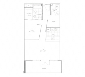 A floor plan of a house with a study, kitchen, and lounge.
