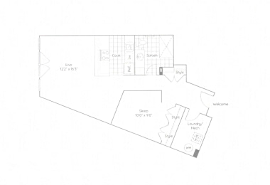 A floor plan of a house with a living room, kitchen, and bathrooms.