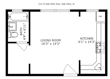 A drawing of a living room and kitchen area with a bathroom.