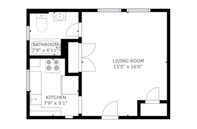 A black and white image of a floor plan for a small apartment.