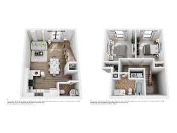 Two floor plans of a house with a living room, kitchen, and bedrooms.