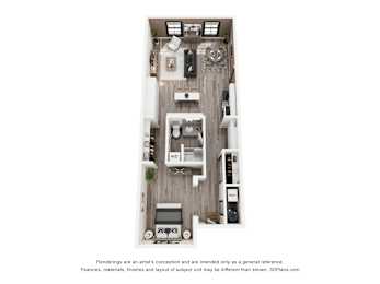 A 3D floor plan of a small apartment with a kitchen, living room, and bathroom.