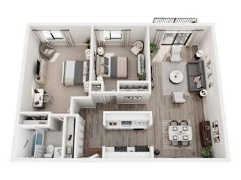 A top-down view of a small apartment with a kitchen, living room, and bedroom.