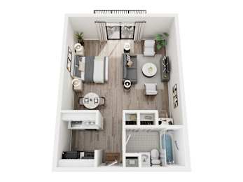 A top-down view of a small, neatly organized apartment with a kitchen, living room, and bathroom.