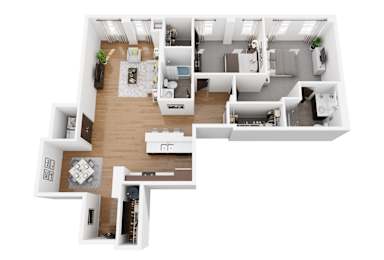 A top-down view of a modern, open-plan apartment layout.