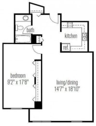 One Bedroom One Bathroom floor plan at West77, Chicago, Illinois