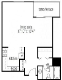 Studio 1 bath floor plan at West77, Chicago, 60654