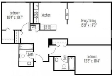 Two Bedroom 2 Bathroom floor plan at West77, Chicago