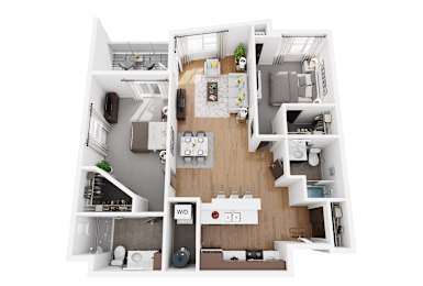 A top-down view of a small apartment with a kitchen, living room, and bathroom.