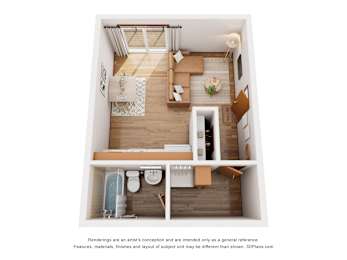A 3D floor plan of a small apartment with a kitchen, living room, and bathroom.