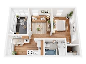 A top-down view of a modern, well-lit, and spacious living area with a kitchen and bathroom.