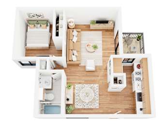 A top-down view of a small apartment with a kitchen, living room, and bathroom.