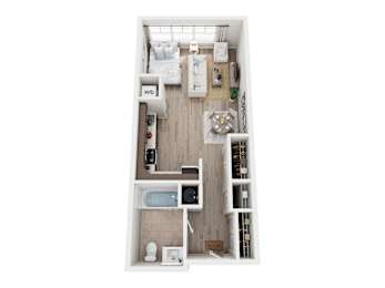 A top down view of a small apartment with a bedroom, bathroom, kitchen and living room.