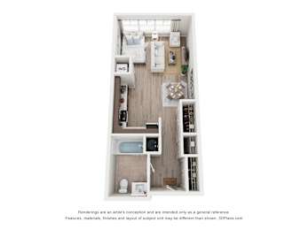 A 3D floor plan of a small apartment with a kitchen, living room, and bathroom.