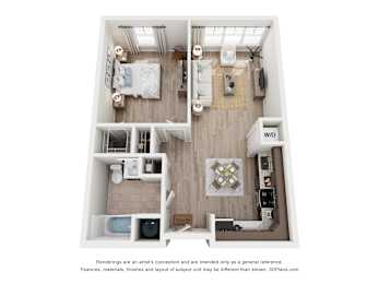 A 3D floor plan of a small apartment with a bedroom, living room, and kitchen.