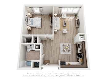 A 3D floor plan of a small apartment with a bedroom, living room, and kitchen.