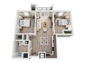 A top-down view of a small apartment layout with a living room, kitchen, and two bedrooms.