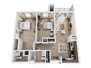 A top-down view of a small apartment layout with a kitchen, living room, and bathroom.