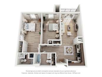 A 3D floor plan of a house with two bedrooms, a living room, a kitchen, a bathroom, and a laundry room.
