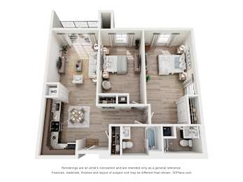 A 3D floor plan of a house with a kitchen, living room, dining room, and two bedrooms.