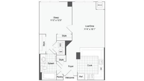 1 bedroom 1 bath floor plan J at Arrive Wheaton, Wheaton, MD