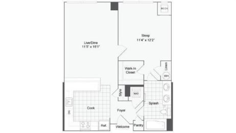1 bedroom 1 bath floor plan M at Arrive Wheaton, Wheaton, Maryland