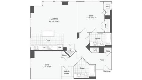 2 bedroom 2 bath floor plan O at Arrive Wheaton, Maryland, 20902
