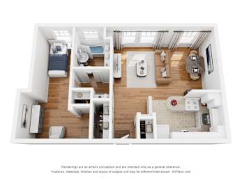 A 3D floor plan of a small apartment with a kitchen, living room, and bathroom.