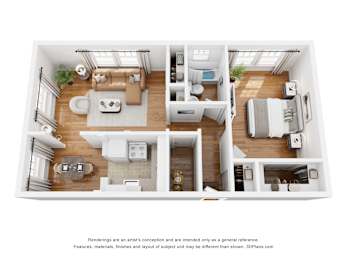 A 3D floor plan of a house with a living room, kitchen, dining room, and bathroom.