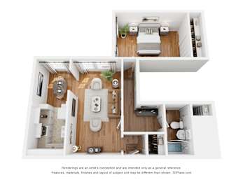 A 3D floor plan of a small apartment with a kitchen, living room, and bathroom.