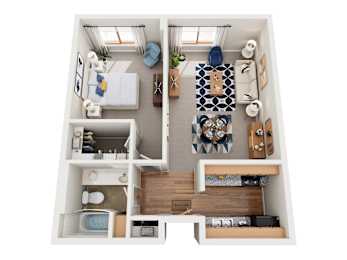 A top down view of a small apartment with a kitchen, living room, and bathroom.