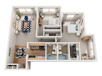 A top-down view of a small apartment with a kitchen, living room, and bedroom.
