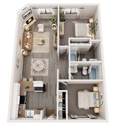 A top-down view of a small apartment with a kitchen, living room, and bathroom.