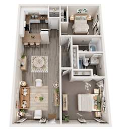 A top-down view of a small apartment with a living room, kitchen, dining area, and bedroom.
