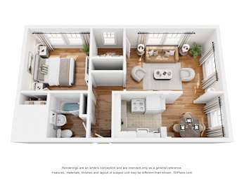 A 3D floor plan of a house with two bedrooms, a living room, a kitchen, and a bathroom.