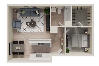 A top-down view of a small, neatly organized bathroom with a toilet, sink, and storage.