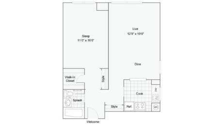1 bed 1 bath B Amherst Floor Plan at Renew Worcester, Worcester, 01602