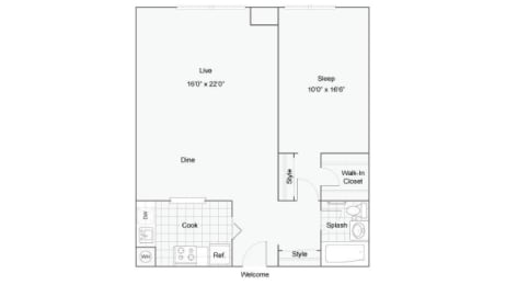 1 bed 1 bath C Auburn Floor Plan at Renew Worcester, Worcester, Massachusetts