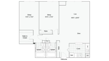 2 bed 2 bath B Cambridge Floor Plan at Renew Worcester, Worcester