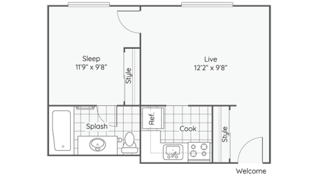 a floor plan of a bedroom apartment at Maurice Dear Apartments, Portland Oregon