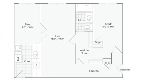 35-2D-1Bed-1Bath-708-2D Floor Plan at The Bryant at Oak Park I & II, Illinois