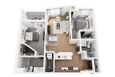 A top-down view of a modern apartment layout.