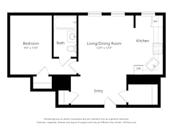 A floor plan of a home with a bedroom, bath, living/dining room, kitchen, and entry.