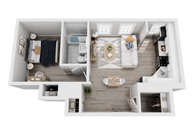 A top-down view of a modern apartment with a living room, kitchen, and bedrooms.