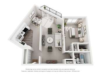 A 3D floor plan of a house with a kitchen, living room, and bathroom.